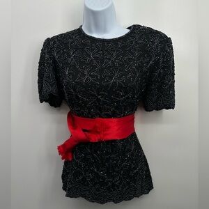 Papell Boutique Evening black  Beads Silk Beaded Formal Top Black S‎